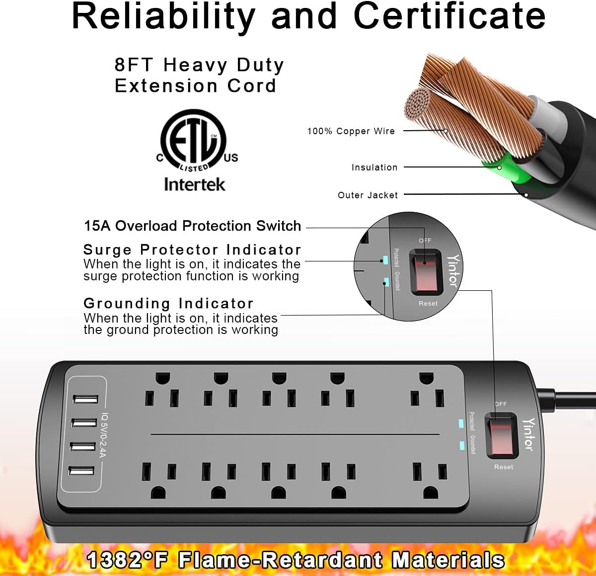 Power Strip with 8 Ft, YINTAR Surge Protector with 10 Outlets and 4 USB Ports, 8 Feet Flat Plug Extension Cord (1875W/15A) for for Home, Office, Dorm Essentials, 2100 Joules, ETL Listed, - Black: Electronics