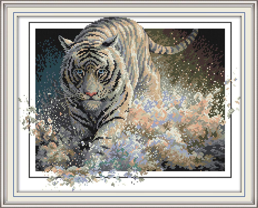 CaptainCrafts Cross Stitch Kits for Adults Stamped Cross Stitch Preprinted 11CT Fabric DIY Art Embroidery Kits Cross Stitch Needlework Crafts (Preprinted 11CT, Tiger)