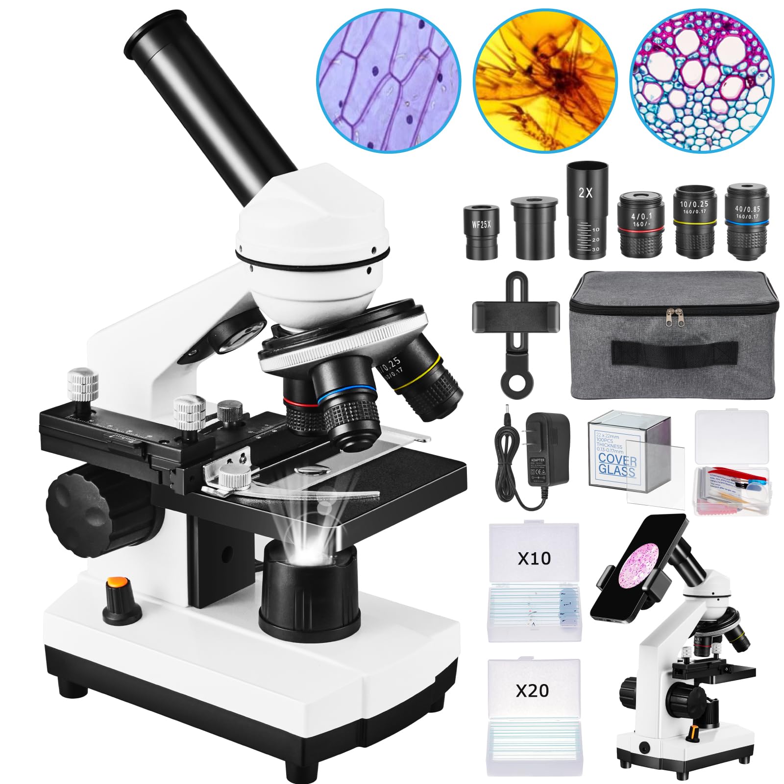 Photo 1 of Fitense Microscope for Adults Kids,40X-2000X Monocular Microscope Kit for Home School Lab, 2 LED Lights & 5 Colors Kids Microscope with Phone Holder,10 Specimen Slides,20 Slides,100 Coverslips, Bag
