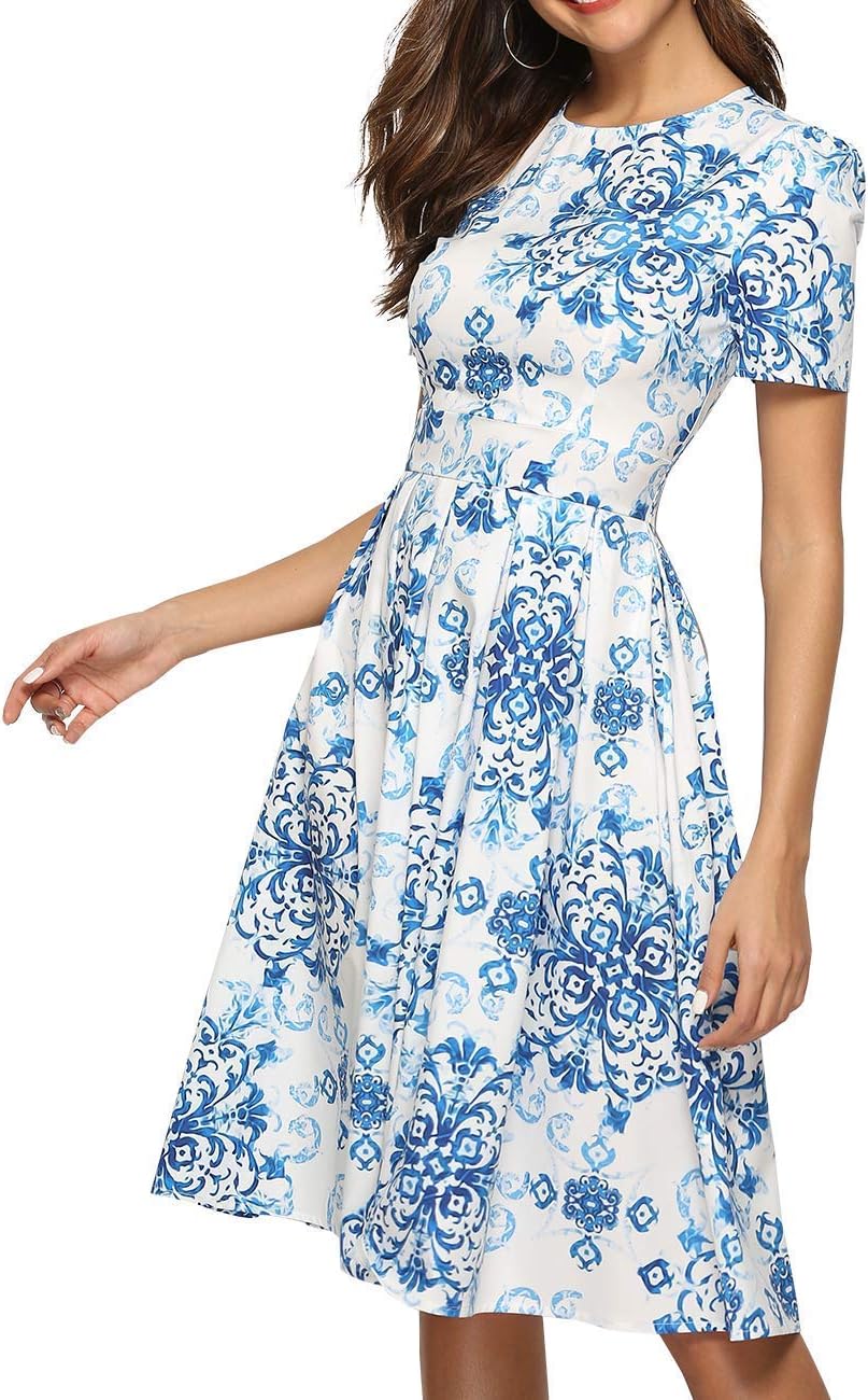 JOJJJOJ Women's 50s Floral Cocktail Vintage Retro Dresses Elegant Midi Evening Dress 3/4 Sleeves