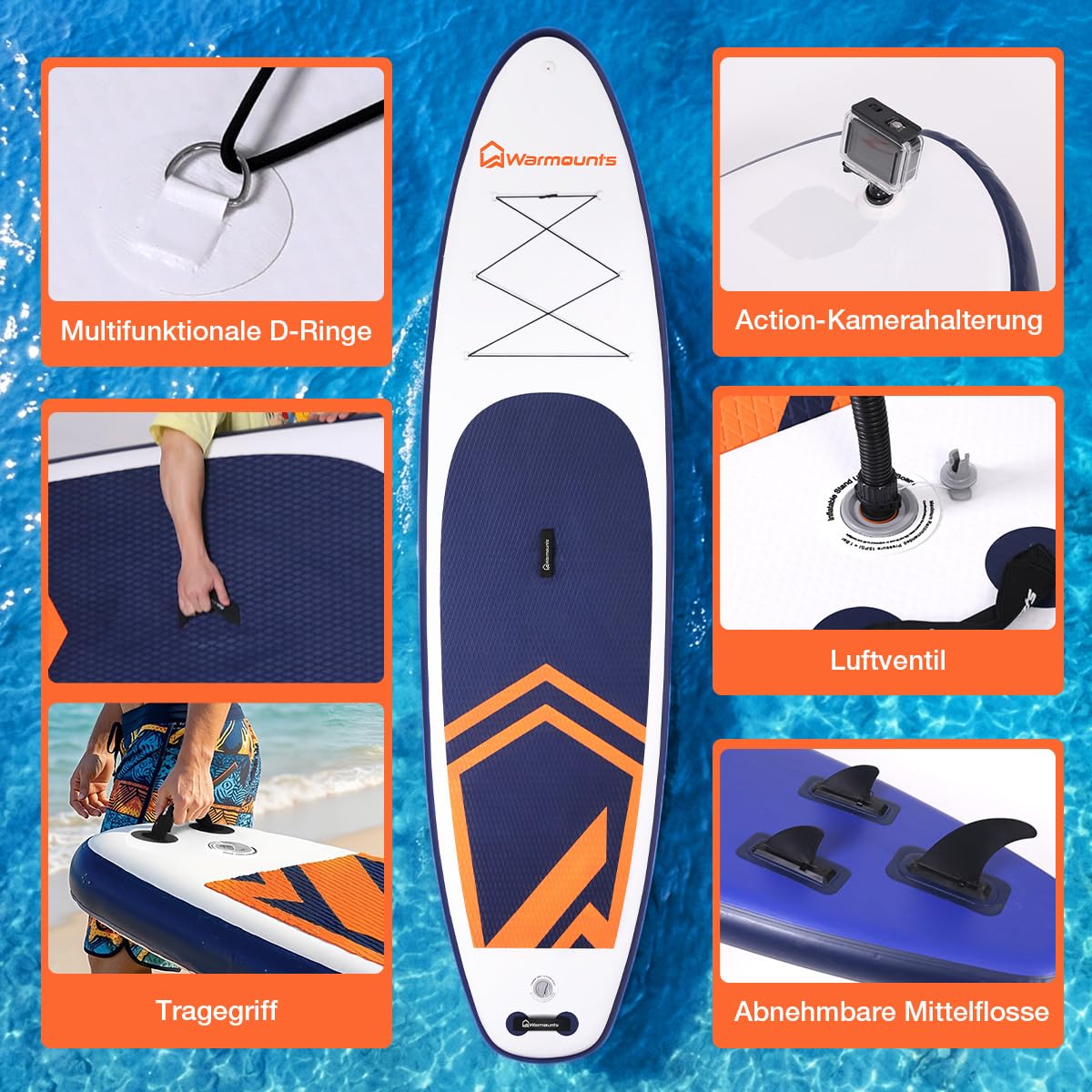 Warmounts 350cm Aufblasbares SUP Board, 86cm Breit Stand Up Paddle für Anfänger & Erwachsene, Allround Paddleboard mit Verstellbarem Paddel, Kamerahalterung, Pumpe und Rucksack, 190 kg 5