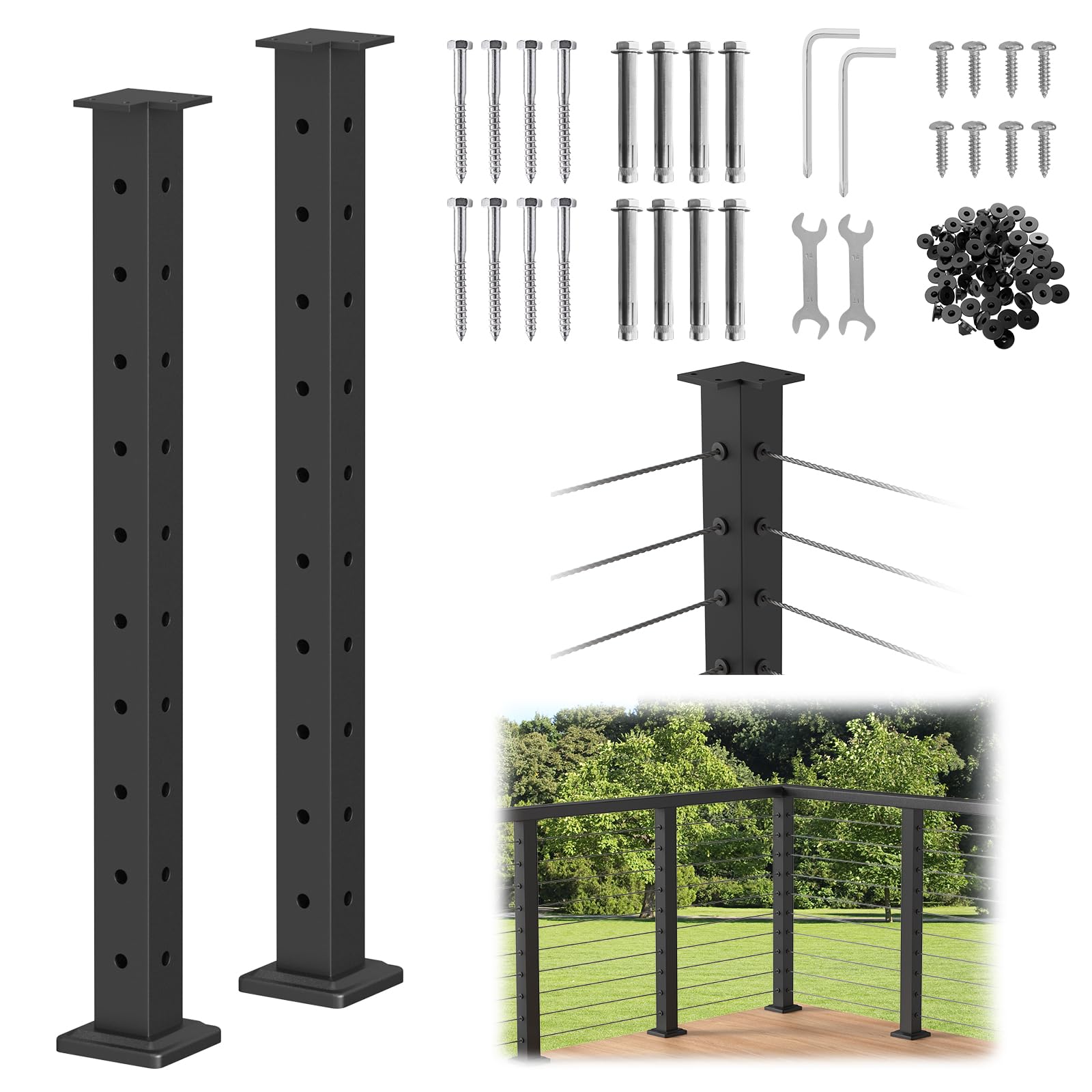 Photo 1 of CKE 36" Black Cable Railing Corner Post, 2Packs L-Drilled Deck Post with Fixed Top Mount, 90° Drilled Corner Post with Cable Grommet Protector Sleeve, 2" x2" Stainless Steel Handrail Corner Post