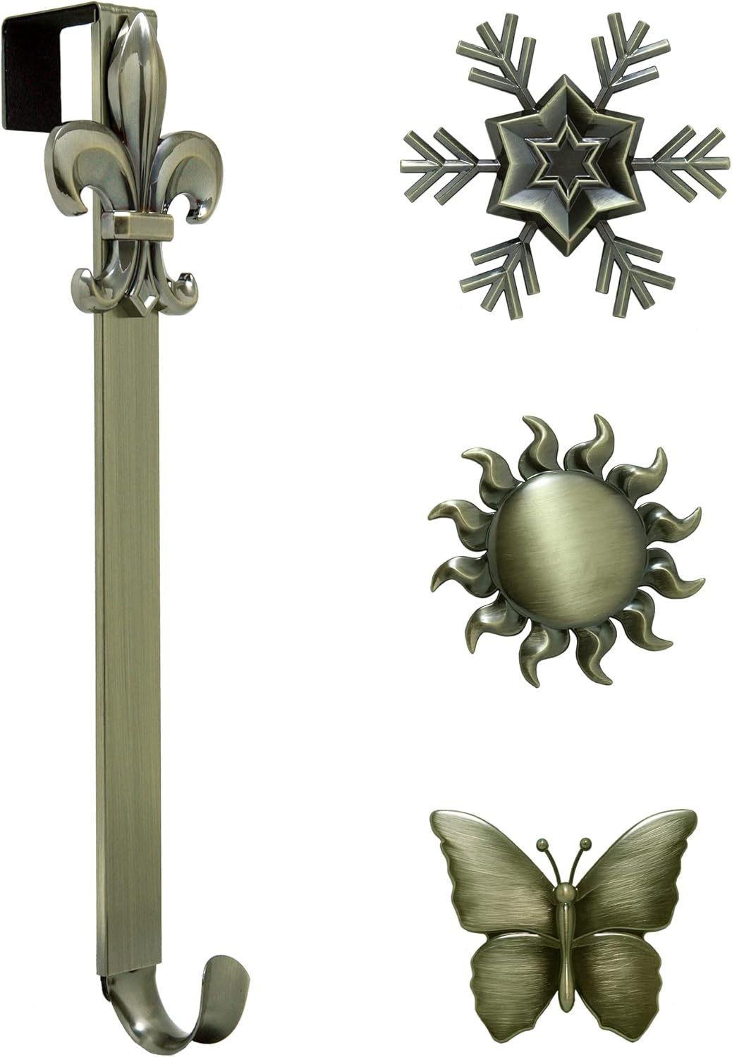 Wreath Hangers - Haute Decor Adapt Adjustable Length Wreath Hanger with Interchangeable Icons (Antique Brass-Sun/Snowflake/Butterfly/Fleur de lis)