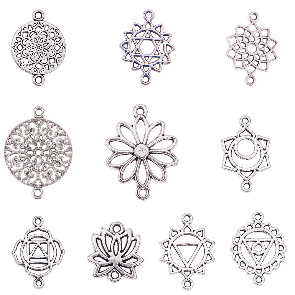 SUNNYCLUE 1 Box 100pcs 10 Styles Lotus Flower of Life Connector Charms Flat Round Chakra Charm Pendants Jewellery Findings Components Accessory for DIY Earring Bracelet Jewellery Making