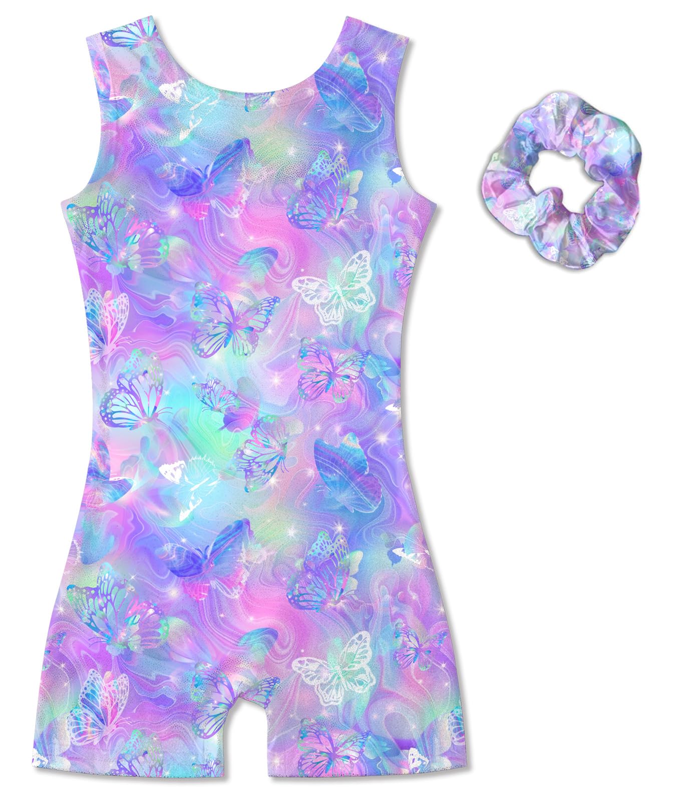 Photo 1 of ***SCRUNCHIE IS MISSING***Vogseek Gymnastics Leotards for Girls Size 7 Girls' Blue Purple Butter-flyss Print Gym Biketards with Boy Shorts for 6 7 Years Girl's Matching Scrunchie Cute Tumbling Outfits***SCRUNCHIE IS MISSING**