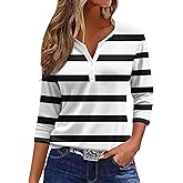 LilyCoco Striped Shirt Women Casual Button V Neck 3/4 Sleeve Tops