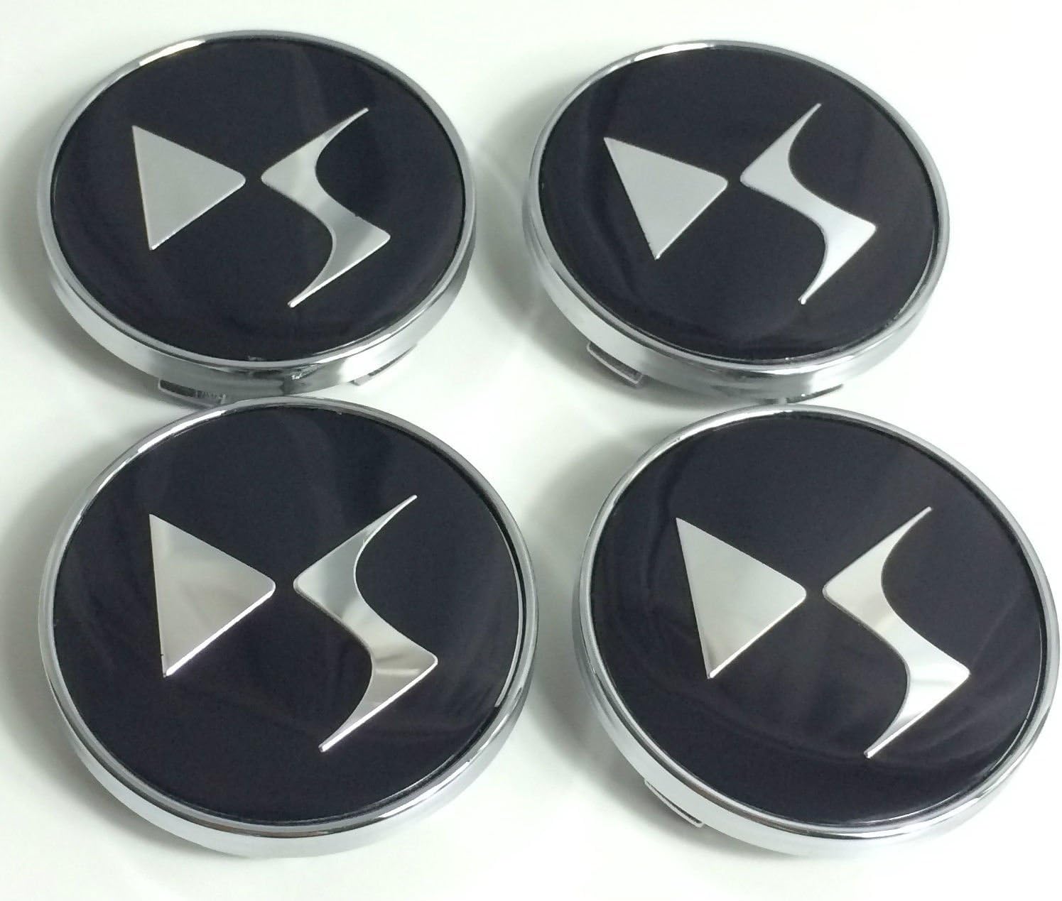Set of 4&nbsp;Citroen 60 mm aluminium wheel centre cap hub, DS style logo, black chrome logo badge cover