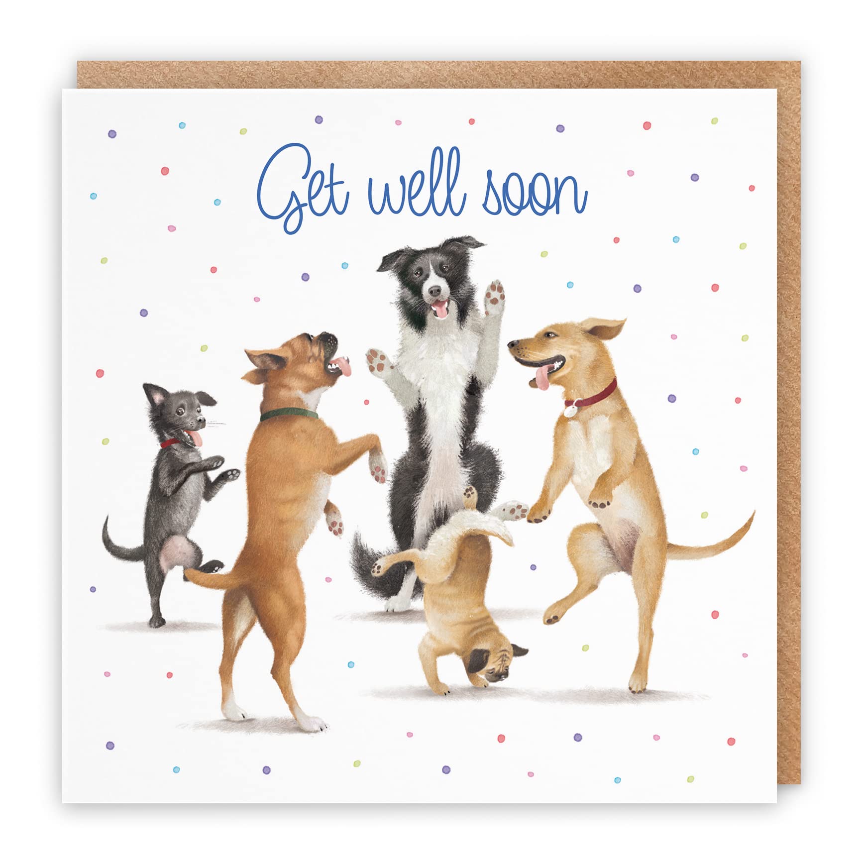 Hunts England Get Well Soon Card For Him Or Her - Dancing Dogs - Get Well Soon - Feel Better Soon Card For Men, Women, Kids, Adults, Boys, Girls, etc. - Milo's Gallery Collection