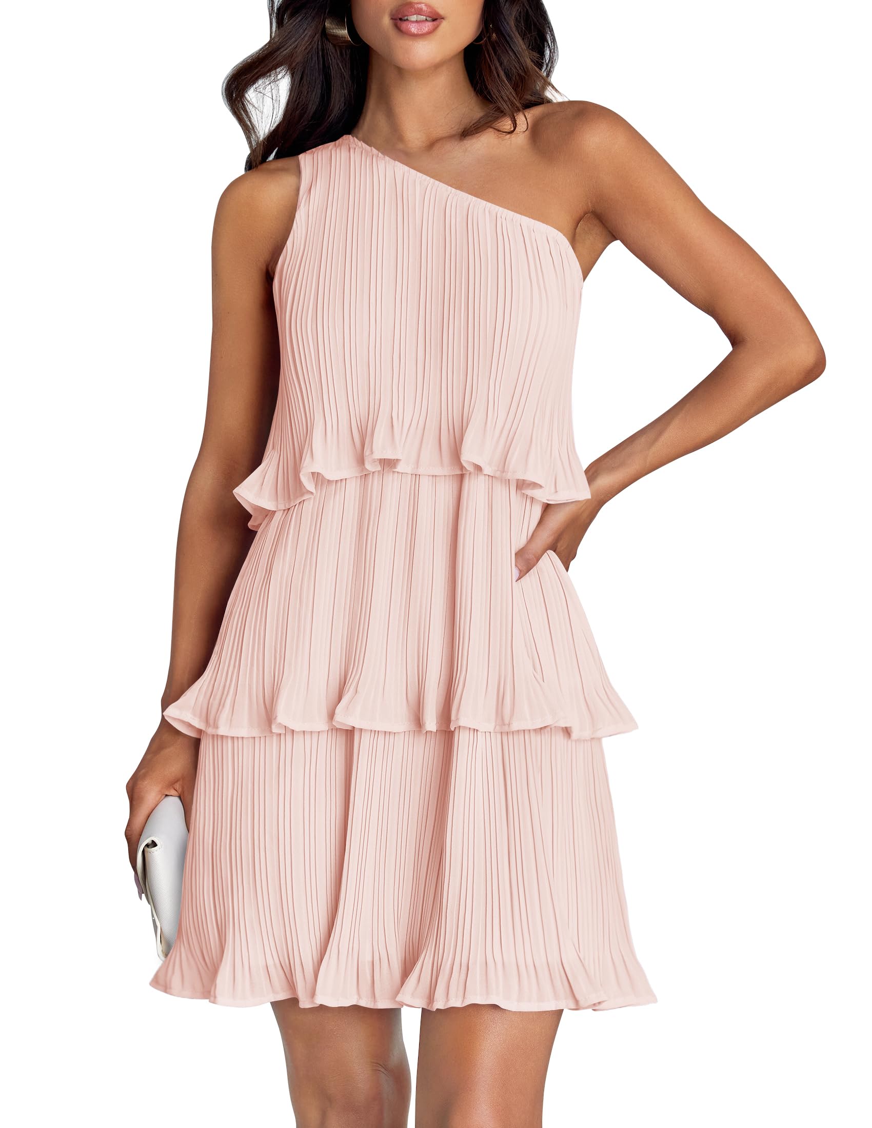 Photo 1 of *L* ZESICA Women's 2024 Summer Sleeveless Mini Dress Boho One Shoulder Ruffle Tiered Layered Chiffon Flowy A Line Dresses,Pink,Large