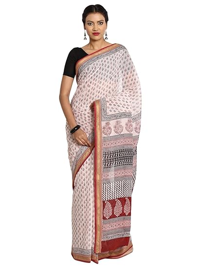 Finest Quality Cotton - Handmade Light Pink base Saree and Maroon, Black Booti, Zari Border- Bagh Block Print Saree with Blouse Piece