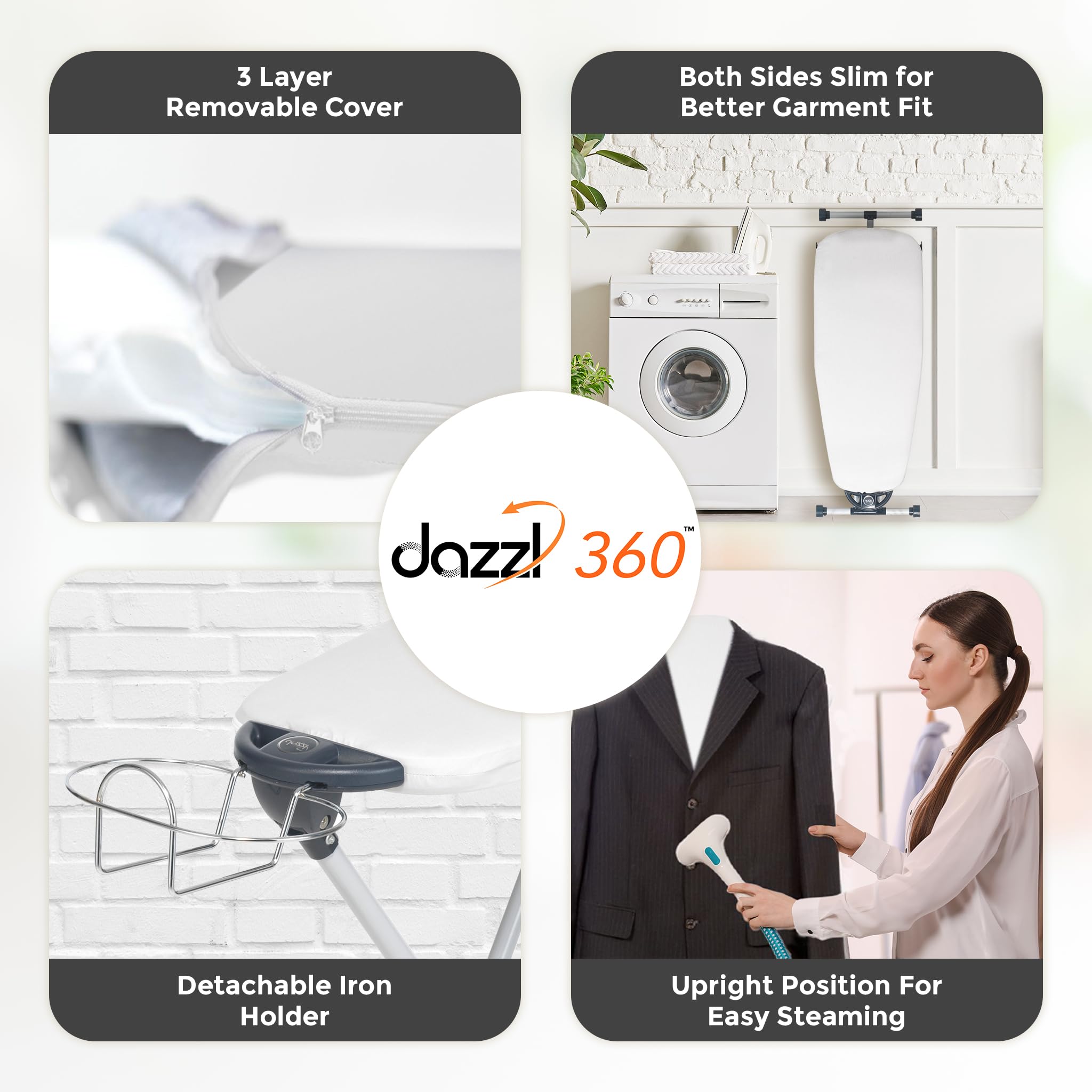 Dazzl 360° Dual-Sided Iron Board - Torso-Shaped Ironing Board Full Size with 8-Level Adjustable Height, Detachable Iron Holder, Garment Clips - HDPE Heat-Resistant Surface