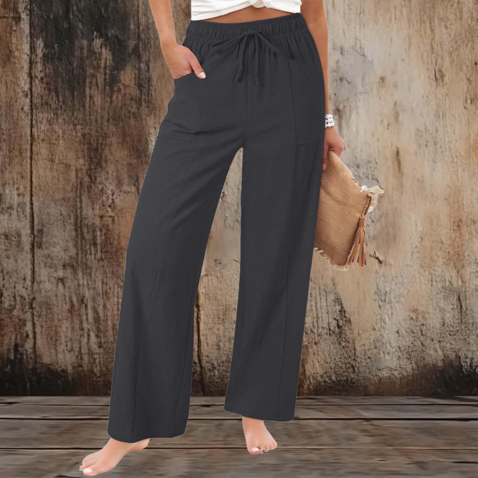 Cotton Linen Pants Women Wide Leg Summer Trousers Plus Size Drawstring Elastic Waist Casual Palazzo Pants with Pockets