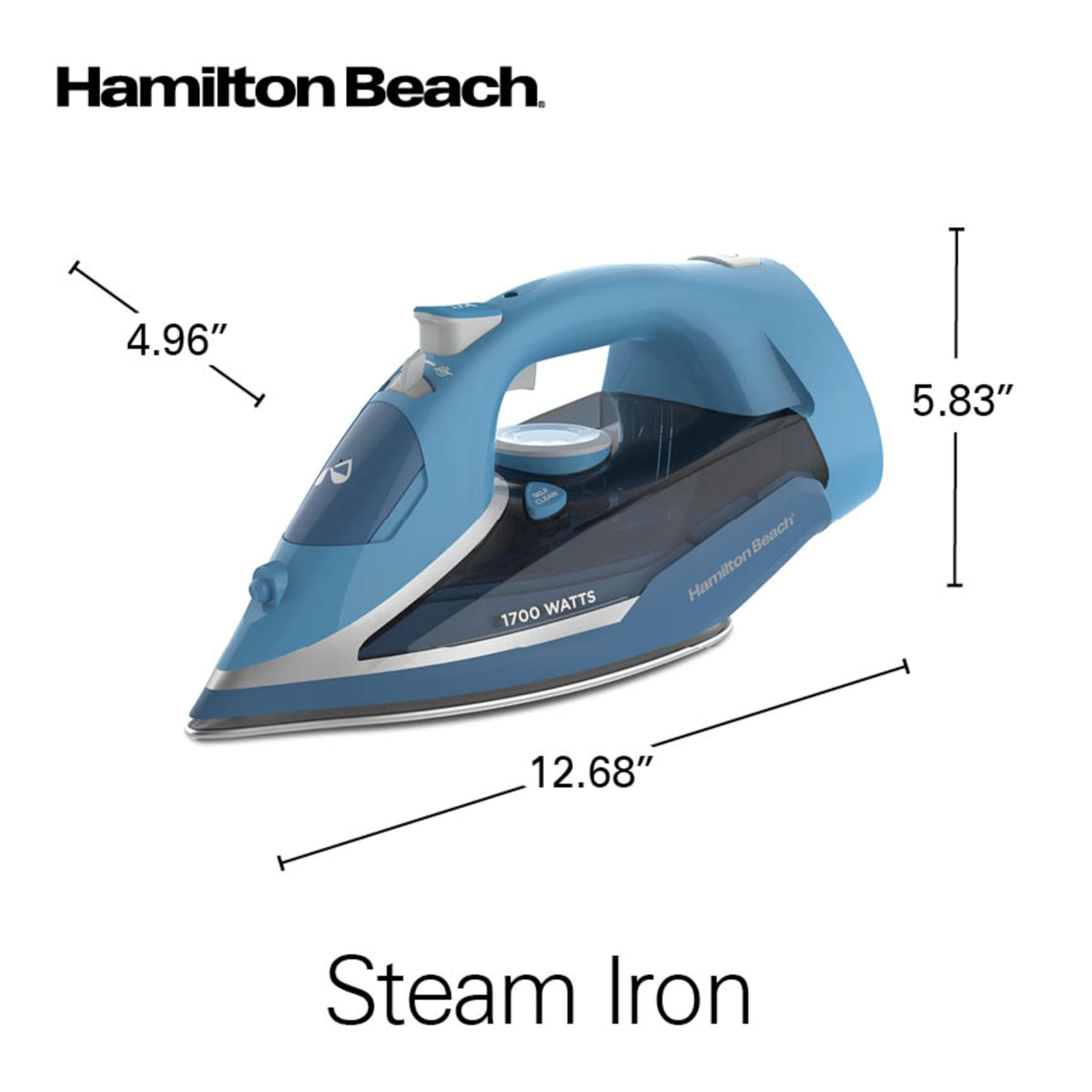 Hamilton Beach Steam Iron for Clothes & Garment Steamer with Durable Stainless Steel Soleplate, 1700 Watts for Ultra-Fast Heat, 8’ Retractable Cord, Auto Shutoff, 350 ml Water Tank, Blue (14216)