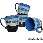 Bosmarlin Ceramic Coffee Mug Set of 4, 17 Oz, Coffee Cups with Big Handle, Microwave Safe, Unique Reactive Glaze (17 Oz, Blue)