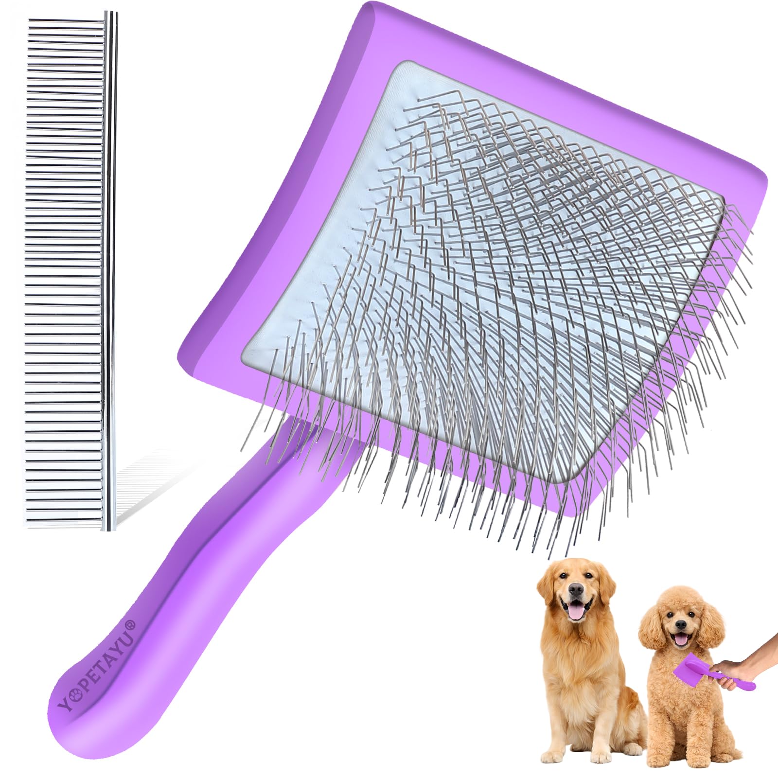 YOPETAYU Large Long Pin Slicker Brush for Poodles, Goldendoodles & Long Haired Dogs - 25mm Pins Professional Grooming Tool with Wooden Handle for Thick Curly Coats, Mats & Undercoat - Purple