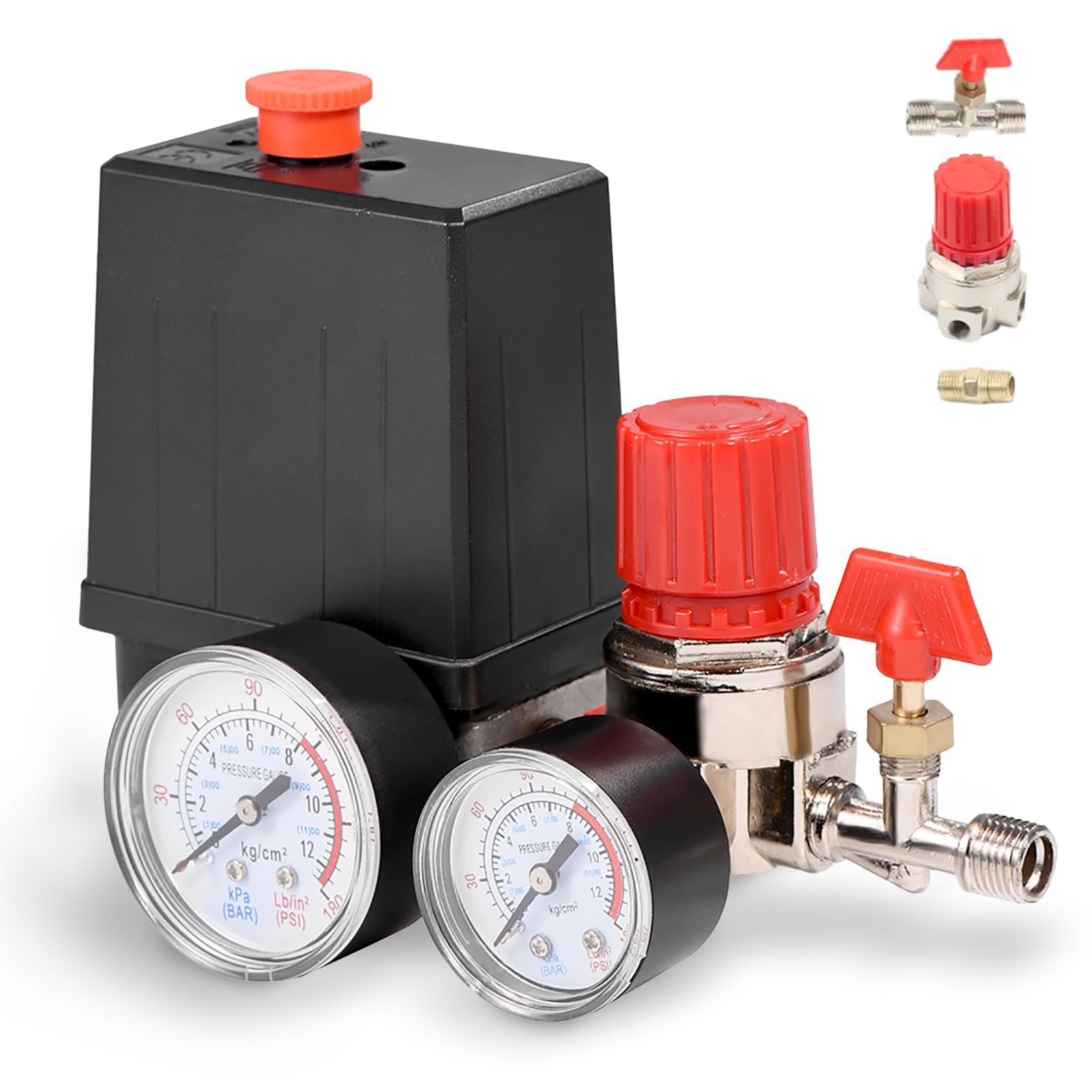 Air Compressor Pressure Valve Switch, 2-G1/4 Connector 0.05-1.2Mpa Air Compressor Pressure Switch Control Valve with G1/8 Gauge 3000L/Min Maximum Flow Air Compressor Regulator