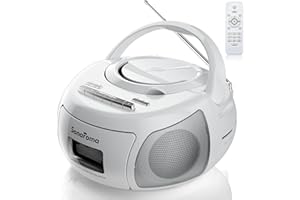 LUMATERRA CD Cassette Player Combo, Battery Operated Bluetooth Boombox, CD Cassette USB MP3 AM/FM Radio, Headphone Jack, Retro Music Player with Recording Function (White)