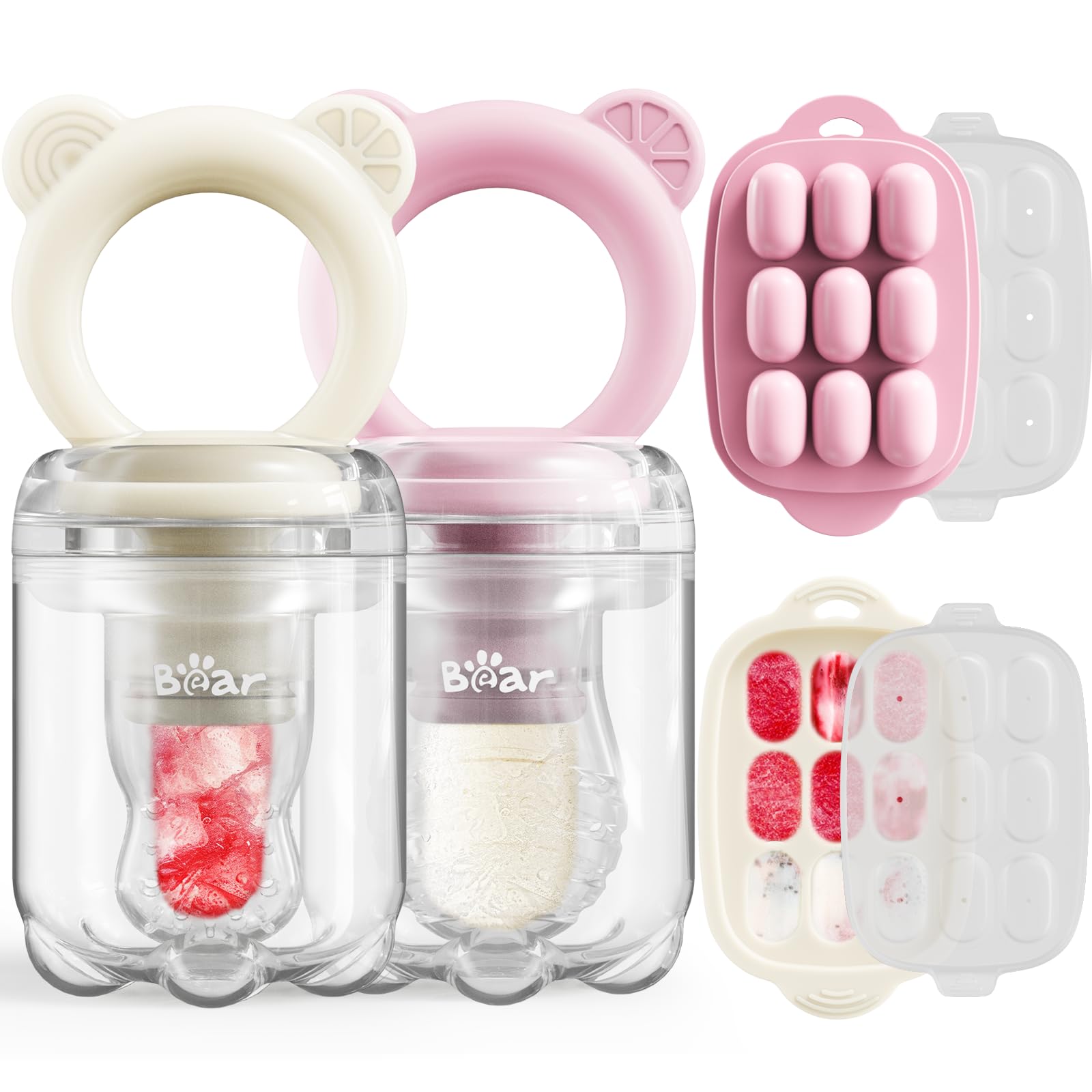 Photo 1 of Bear Baby Fruit Food Feeder & Mini Freezer Nibble Tray Combo, 2 Pack Breastmilk Popsicle Molds for Baby Teething Relief, BPA Free Silicone Feeder for Safe Infant Self Feeding, Dishwasher Safe