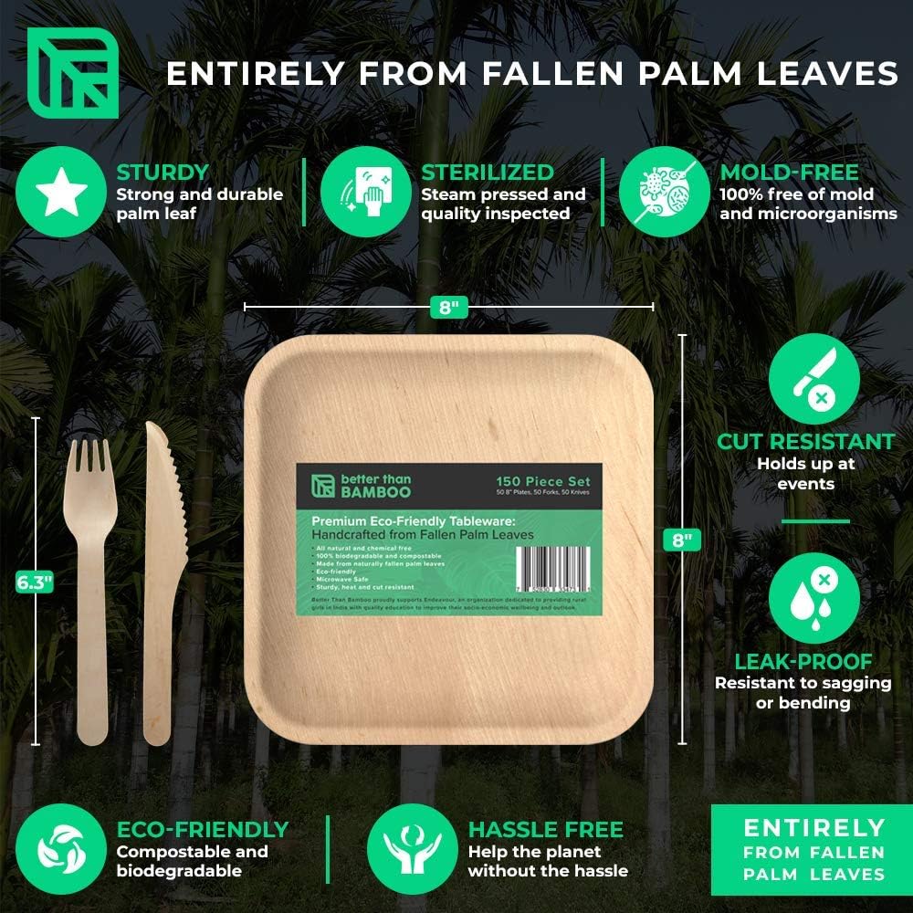 50 8" Disposable Square Palm Leaf Plates + 100 Cutlery (50 Forks, 50 Knives) - Better Than Bamboo or Wood Plates. Heavy Duty, 100% Compostable & Biodegradable Eco Friendly Party Plates (8 inch): Kitchen & Dining