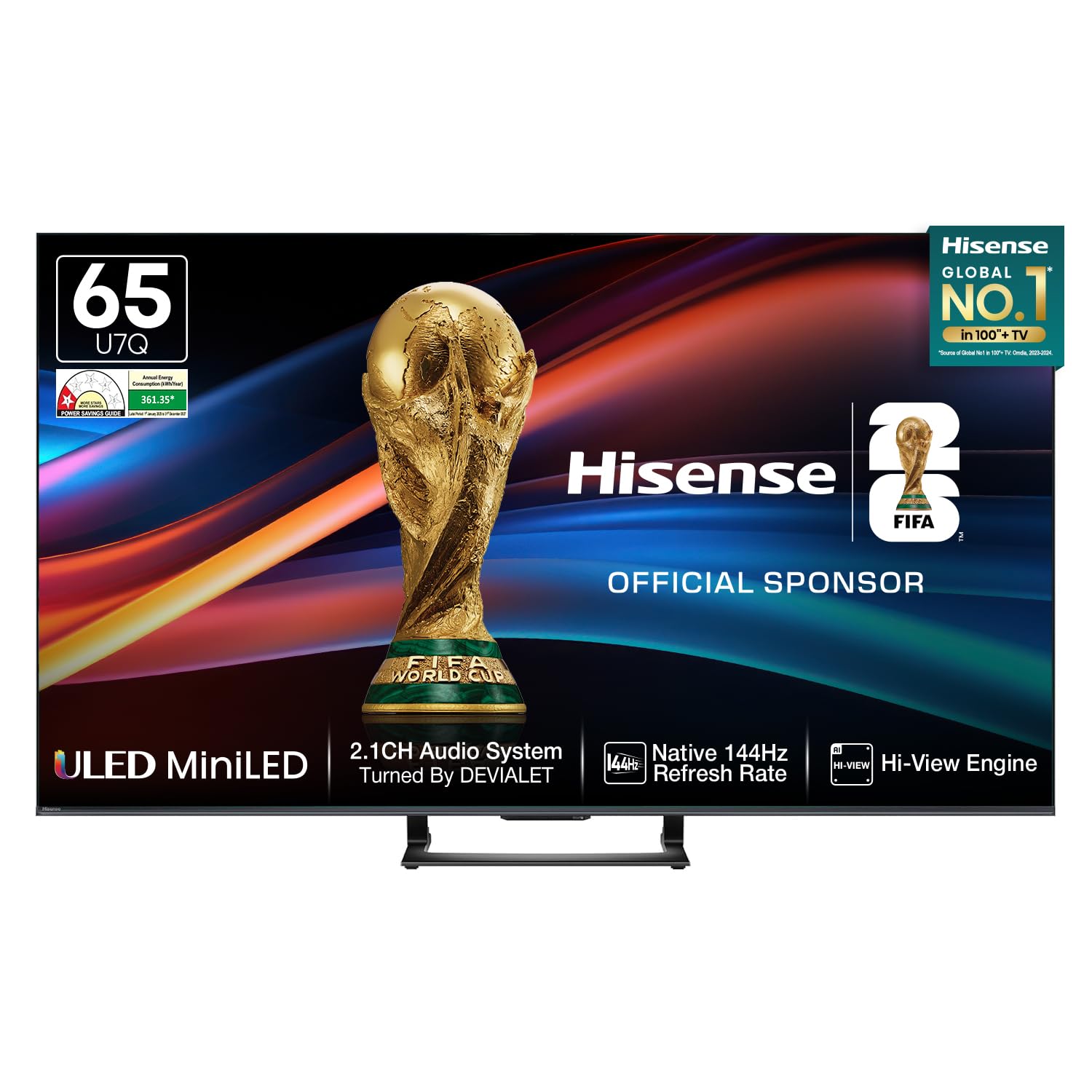 Hisense 164 cm (65 Inches) 4K QLED Mini LED Smart TV | 900 NITS Peak Brightness | 144Hz Game Mode | Dolby Vision IQ & Dolby Atmos | 2.1 CH 40W Speakers (Built-in Subwoofer) | VIDAA OS | 65U7Q (Black)
