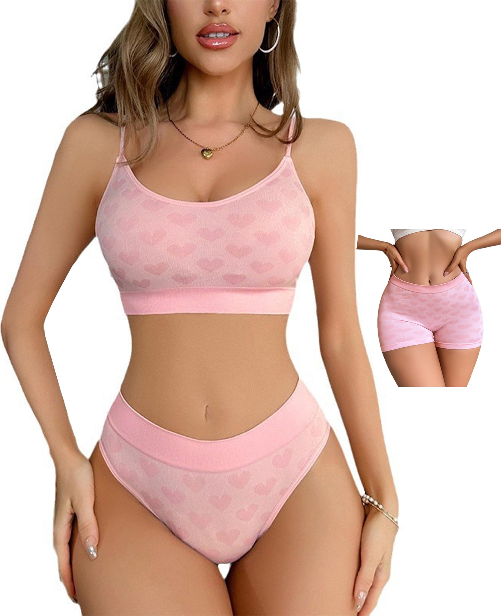 Photo 1 of abandi Women's Wireless Bra and Panty Set, Camisole and Panties Sports loungewear,3 Piece Matching Lingerie Set,Pink Size L