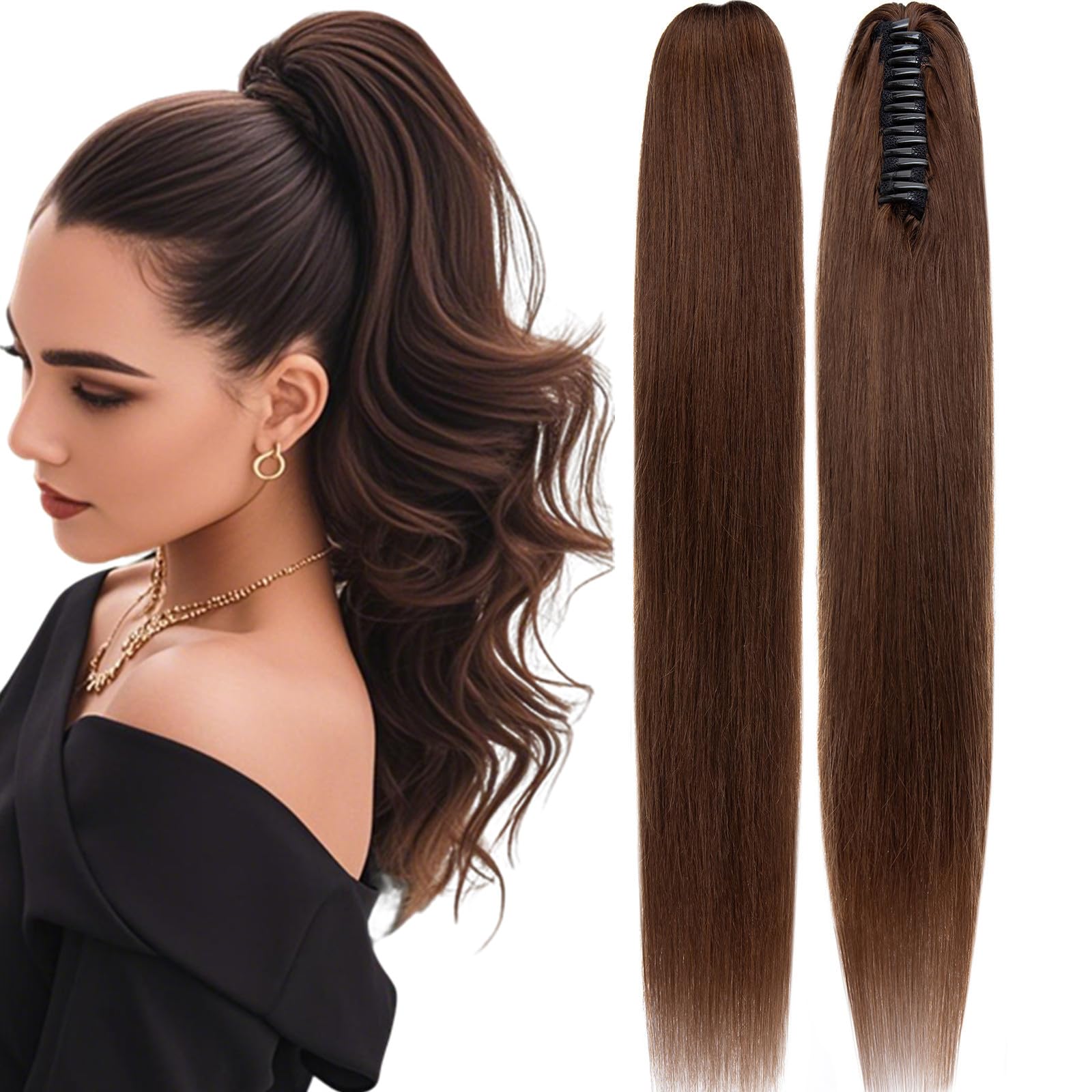 Photo 1 of Rich Choices Claw Clip Ponytail Extension Human Hair Real Hair Ponytail Extension Balayage Medium Brown 22 Inch 120g One Piece Clip In Long Ponytail Hair Extensions Straight For Women #4