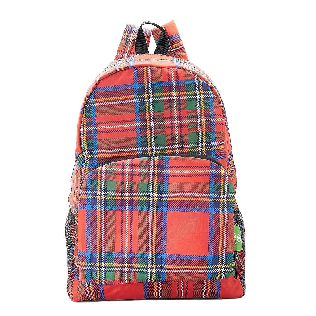 ECO CHIC Lightweight Foldable Backpack | Durable Water Resistant Rucksack | Daypack for Walking Hiking Camping Travelling | Made from Recycled Plastic Bottles (Tartan Red)