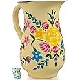 Hand Painted Stainless Steel Water Pitcher - Large Metal Water Jug, for Cold Drinks, Floral Design Beverage Carafe for Entertaining & Home Decor. 8” height, 1 Quart Decorative Vase. (Cream)