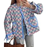 Tankaneo Womens Cropped Puffer Jacket Floral Print Open Front Quilted Jacket Bow Tie Heart Coat Lightweight Outerwear
