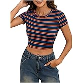 RoseSeek Women's Striped Colorblock T Shirt Short Sleeve Crew Neck Ribbed Knit Crop Tops