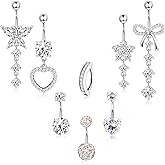 YADOCA 316L Surgical Steel Gold Dangle Belly Button Ring for Women Silver Dangly Belly Rings 14G Hypoallergenic Navel Belly Button Piercing Jewelry Bow Heart 10mm/12mm Barbell Length