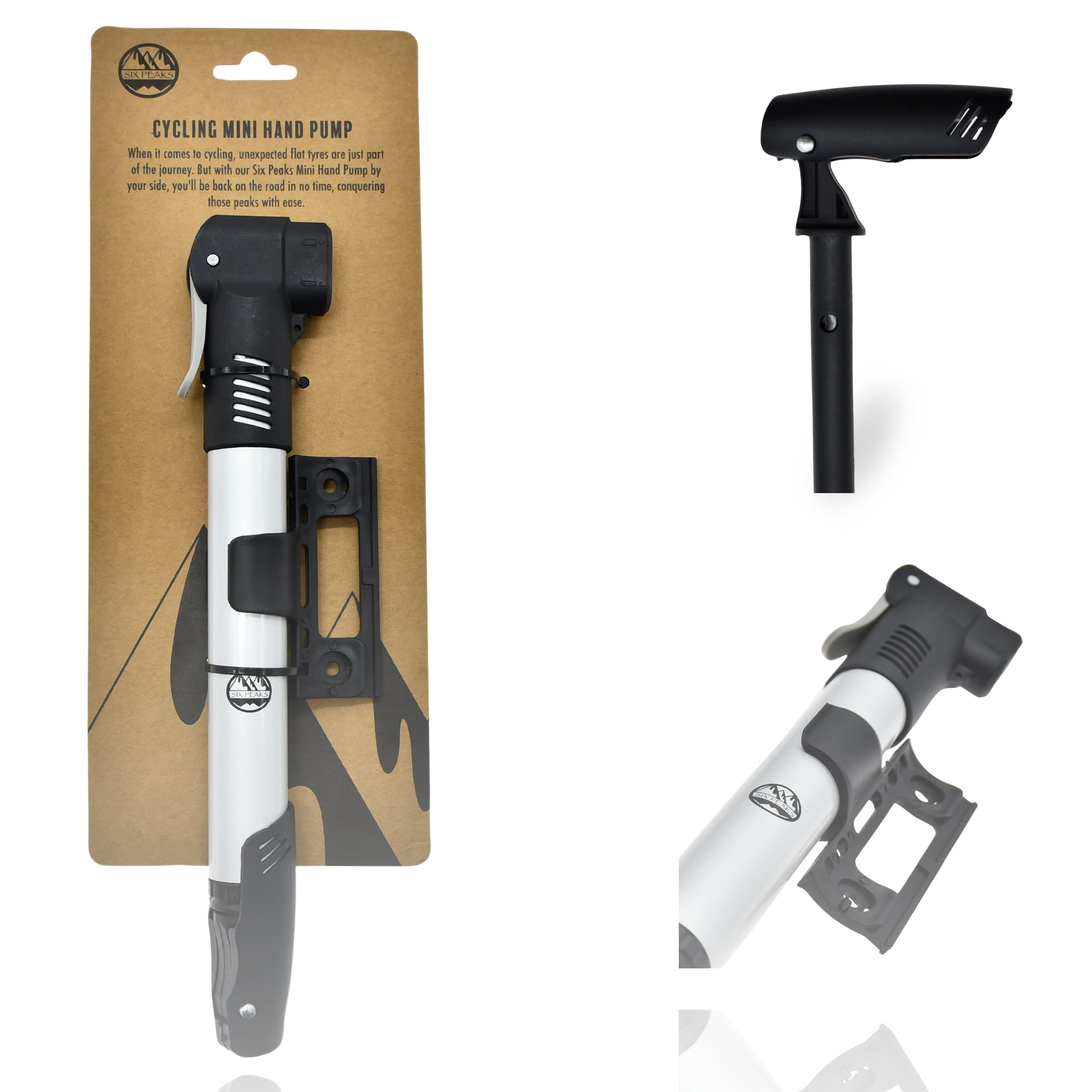 Six Peaks Cycling Mini Hand Tyre Pump, Ultra-Compact, High-Pressure, Easy-to-Use for Schrader and Presta Valves, Includes Frame Mounting Bracket, Ideal for Road & Mountain Bikes, 75 PSI