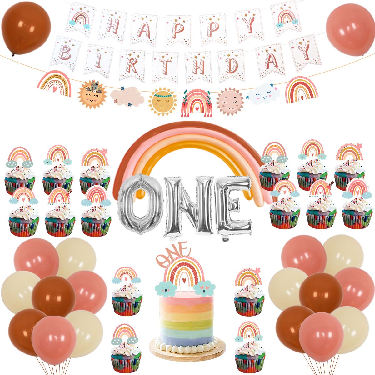Fangleland Boho Rainbow 1st Birthday Decorations, Bohemian Rainbow Balloon Happy Birthday Banner Cake Toppers for Girls First Birthday Party Supplies
