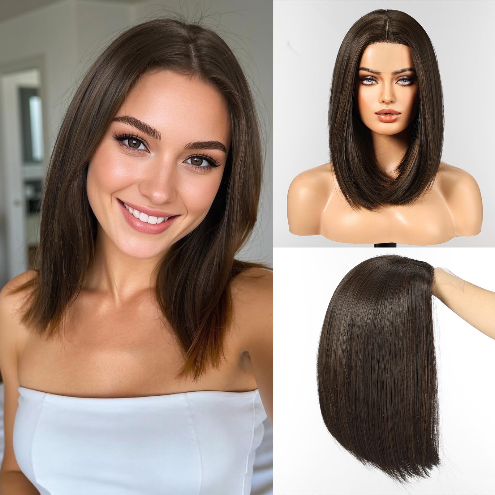 WOKESTAR Bob Wigs for Women Middle Part Bob Style Heat Resistant Fibre Synthetic Heat Resistant Wigs Dark Brown Color — image 1