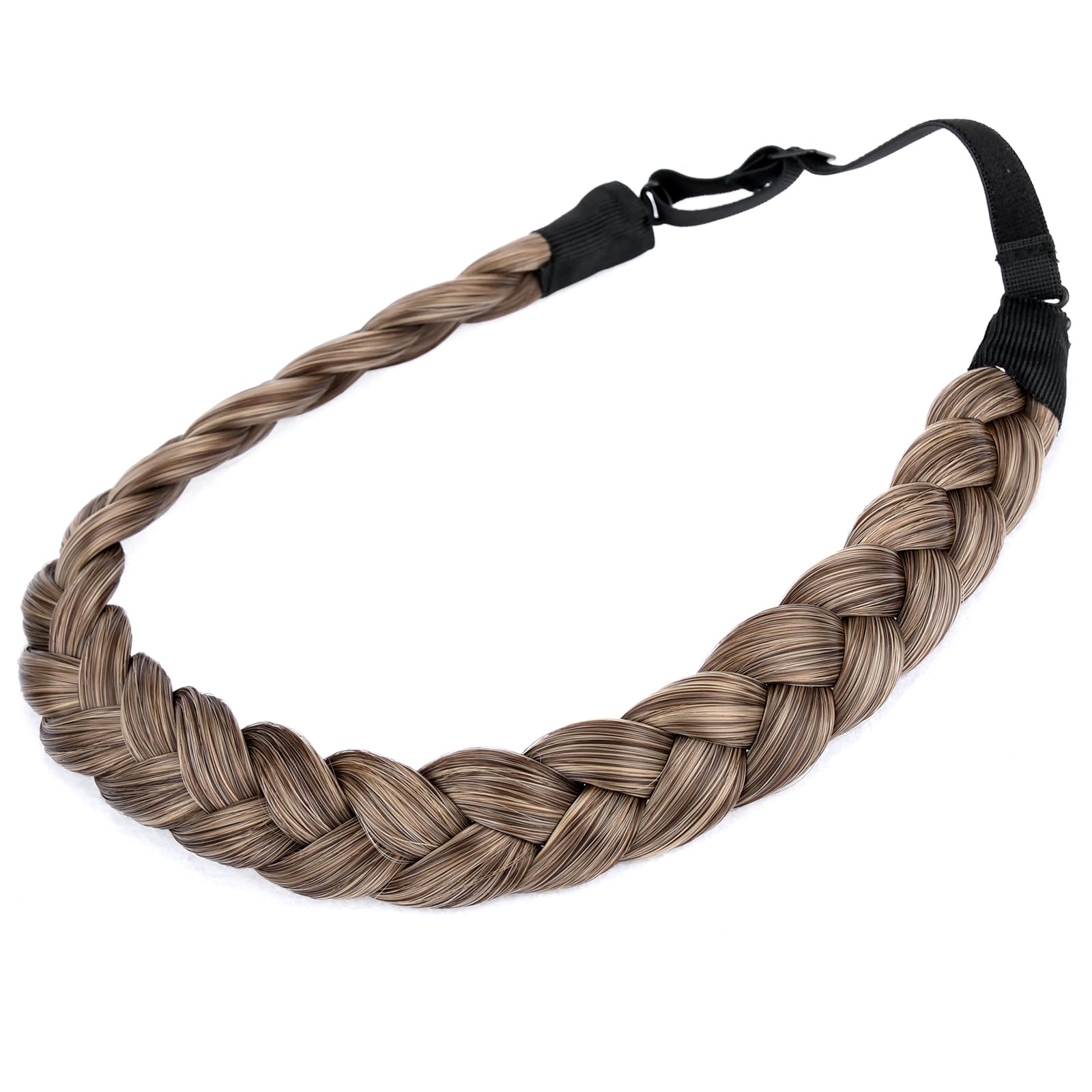 BOBIYA 3 Strand Synthetic Hair Braided Headband Classic Chunky Wide Plaited Braids Elastic Stretch Hairpiece for Women Girl Beauty Accessory (Gray Brown)