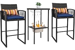 Sundale Outdoor Wicker Bar Set with Ice Bucket, Patio Stools and Bar Set with Glass Holder, Outside Counter and 2 Pub Stools, 3 Piece High Top Bistro Dining Set, Charcoal Rattan and Navy Cushions