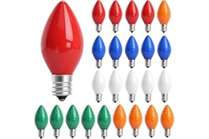 Konictom 25 Pack C7 Multicolor Incandescent Christmas Light Bulbs, Vintage Ceramic Replacement Bulbs for Christmas String Lights Tree & Holiday Decor, C7/E12 Base, 120V 5W