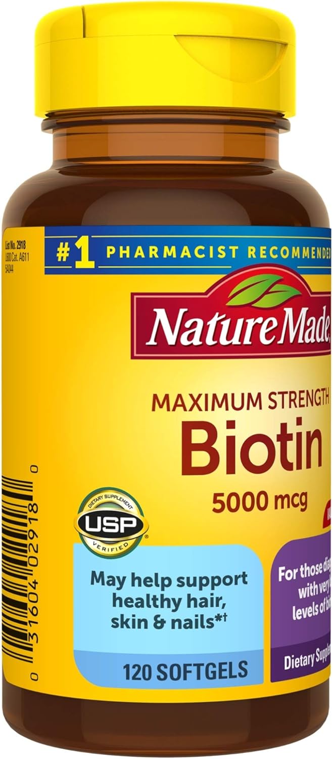 Nature Made Maximum Strength Biotin 5000 mcg Softgels, 120 Count Value Size (Packaging May Vary): Health & Personal Care