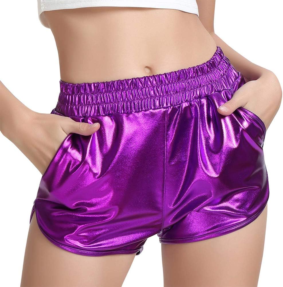 MAKARTHYWomen's Metallic Shorts Elastic Waist Shiny Sparkly Rave Pants