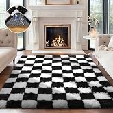 Ophanie Checkered Black & White Rug for Living Room Bedroom,Fluffy Soft Cute Fuzzy Area Rugs,Shag Plush Shaggy Bedside Floor 4x6 Furry Carpet Kids Baby Teen Dorm Decor with Over 99 pcs Pile fibers