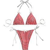 BEAUDRM Women's 2 Piece Gingham Bikini Set Cute Triangle Thong Bikini Halter String Bathing Suit High Cut Cheeky Swimsuit