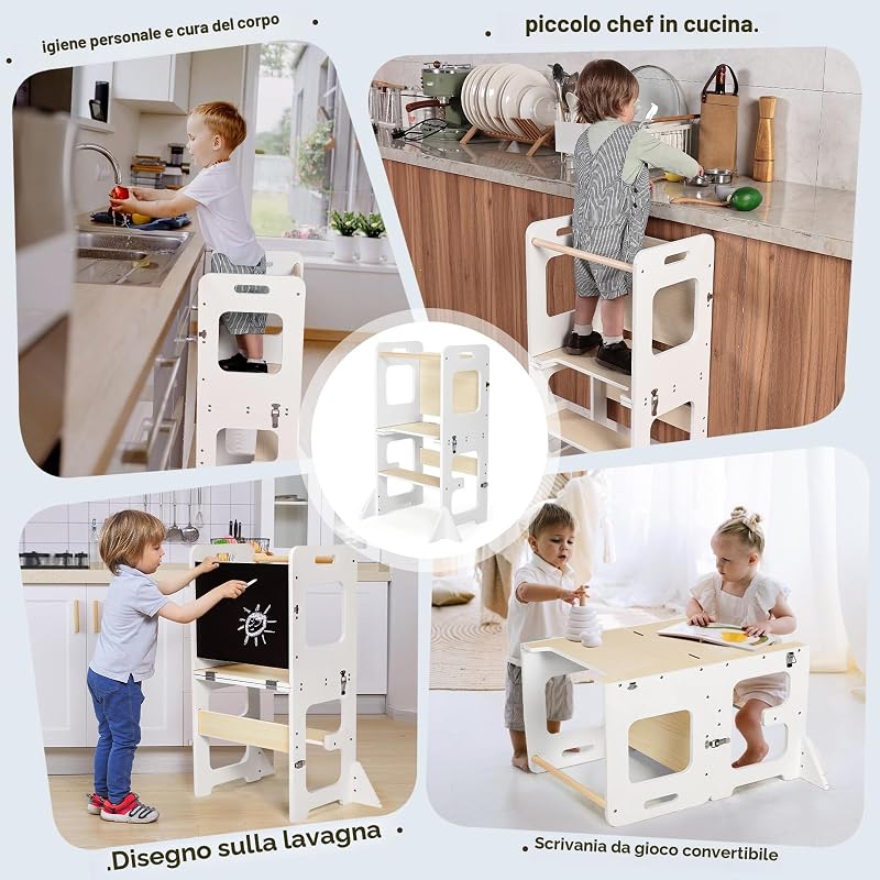 Montessori Torre per bambini, 3 in 1 Torre di Apprendimento Pieghevole, Multifunzionale Torre didattica con lavagna, Legno protezione antiribaltamento torretta da 1 anno bambini-bianco e legno