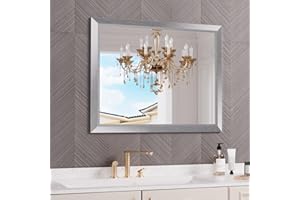 Amorho 40x32 Inch Bathroom Mirror Silver, Thick Metal Framed Wall Mirrors for Over Sink, Brushed Nickel Mirror Perfect for Bedroom, Living Room, Entryway, Rectangle (Horizontal/Vertical).