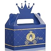 Prince Party Crown Treat Box Blue and Gold Candy Goodies Box Party Supplies for Baby Shower Boy Birthday Decorations, 5.95 x 3 x 7.5 Inch (12 Pieces)