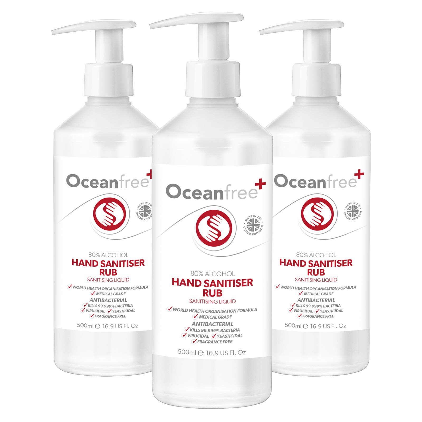 80% Alcohol Hand Sanitiser Liquid Rub - 3x 500ml Pump Bottle - Certified Surgical/Medical Grade - Made in the UK (Pack of 3) — image 1
