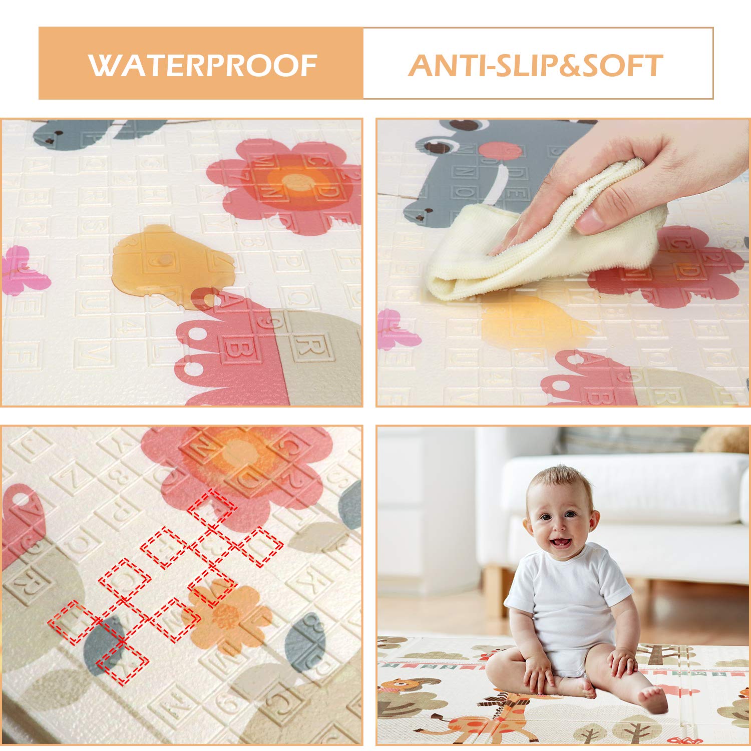 Baby Play Mat, Folding Playmat Waterproof Reversible Baby Crawling Mat Large Foam NonToxic Kids Play Mat Anti-Slip Portable Tummy Time Playroom Foldable Playmats for Infant, Toddler - 61x78x0.4IN : Baby