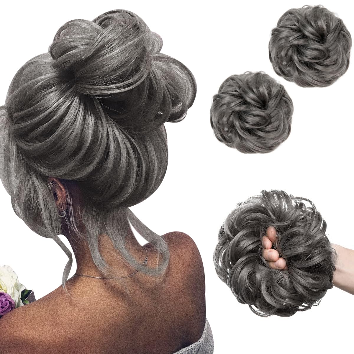 SARLA 2PCS Messy Bun Hair Pieces for Womens Synthetic Scrunchies Buns Extension Hairpieces Updo Pony Tail Dark Grey — image 1