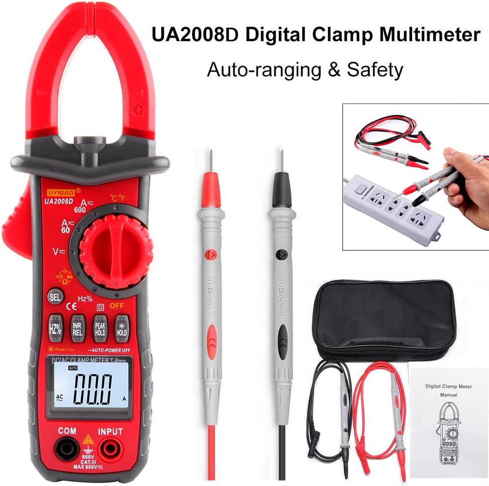 OLANMUS UA2008D Auto Digital Clamp Meter Multimeter with AC DC Current,True RMS AC Voltage Sine Wave,DC Voltage,Frequency,Duty Ratio,Temperature,Resistance,Capacitance Measurement,Continuity Test