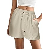 Ekouaer Womens Pajama Shorts Textured Casual Lounge Short Elastic Waist Pj Shorts Sweatsuits with Pockets 2025,Apricot,L