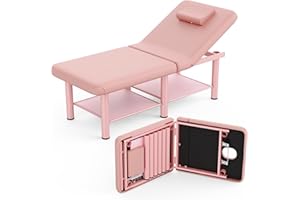 DOLONM Folding Stationary Massage Table with Backrest and Storage Space, 6 Round Legs Metal Frame PU Leather, 30.5'' Wide × 75'' Long for Treatment Table Physical Therapy Table Spa Facial Bed, Pink